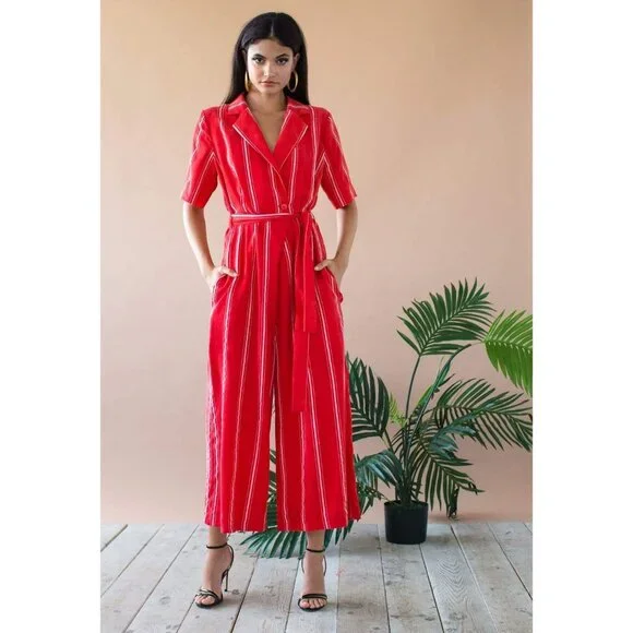 Eva Franco Anthropologie Red Stripe short Sleeve Cropped Wide Leg SummerJumpsuit - Picture 1 of 4